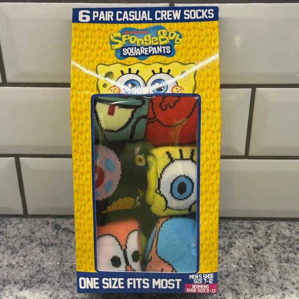 SpongeBob SquarePants 6 Pair Casual Crew‎ Socks Mens Shoe Size 7-12 Womens 8-13